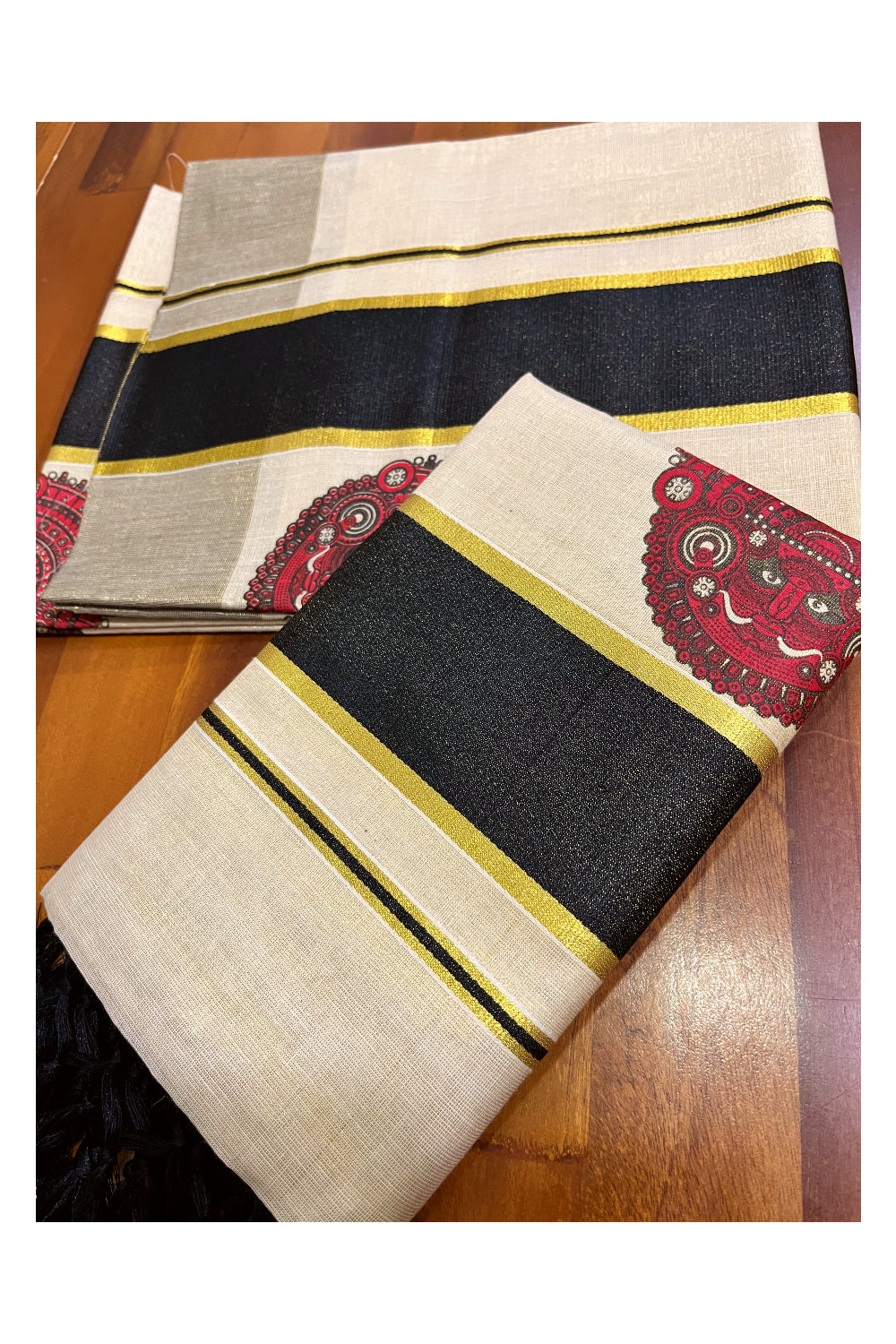 Kerala Tissue Single Set Mundu (Mundum Neriyathum) with Theyyam Block Prints and Black Border (Vishu 2024 Collection)