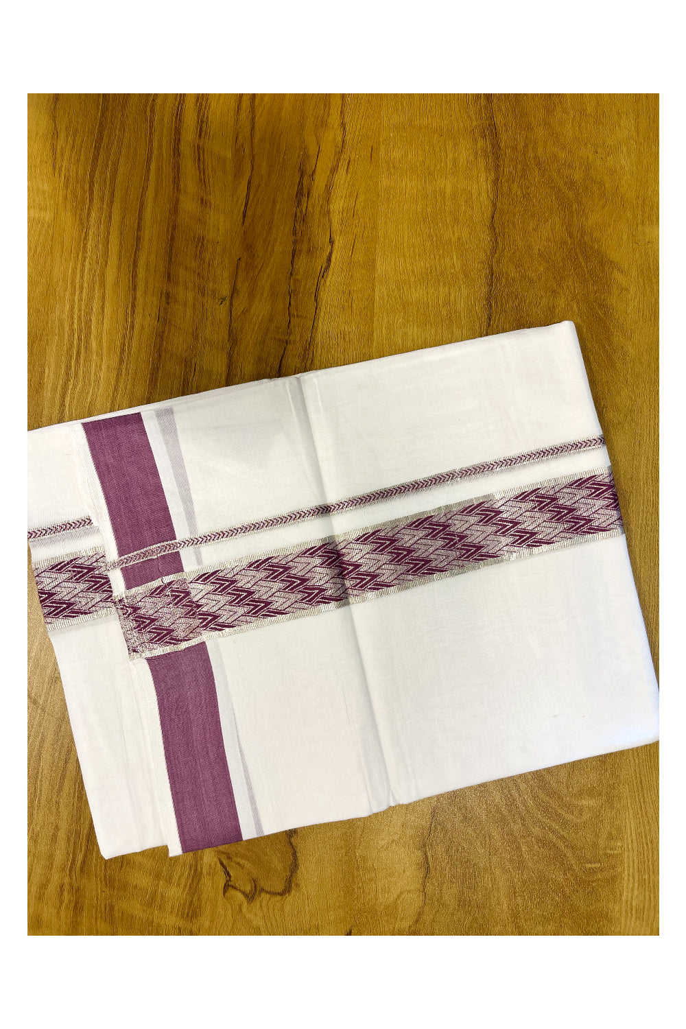 Pure White Cotton Double Mundu with Silver Kasavu and Magenta Woven Border