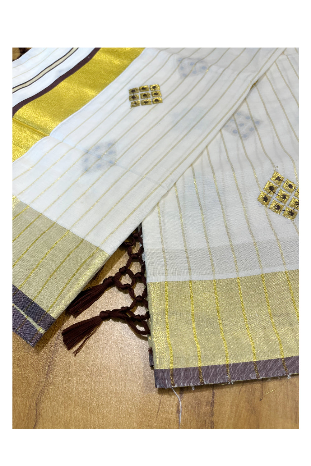 Kerala Cotton Kasavu Stripes Saree with Brown Floral Embroidery Design on Body