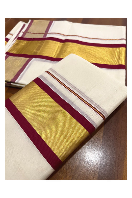 Pure Cotton Kerala Onam 2023 Set Mundu (Mundum Neriyathum) Single with Maroon and Kasavu Border 2.80 Mtrs