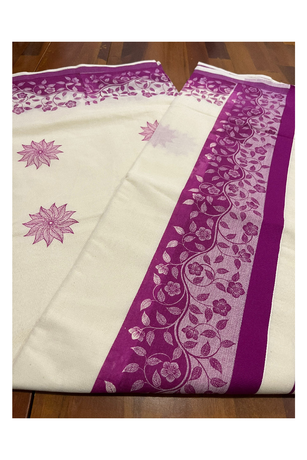 Kerala Cotton Saree with Magenta Floral Block Prints on Border (Onam Saree 2023)