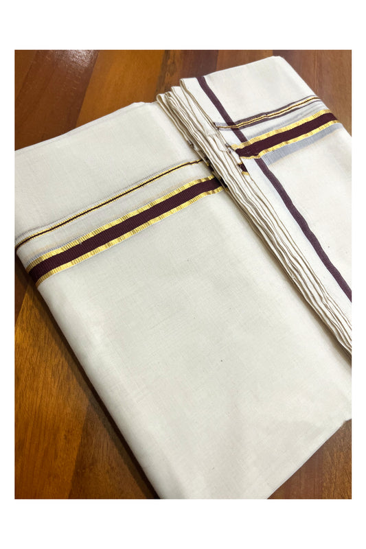Premium Balaramapuram Handloom Pure Cotton Double Mundu with Brown and Puliyilakkara Kasavu Border (Vishu 2024 Collection)