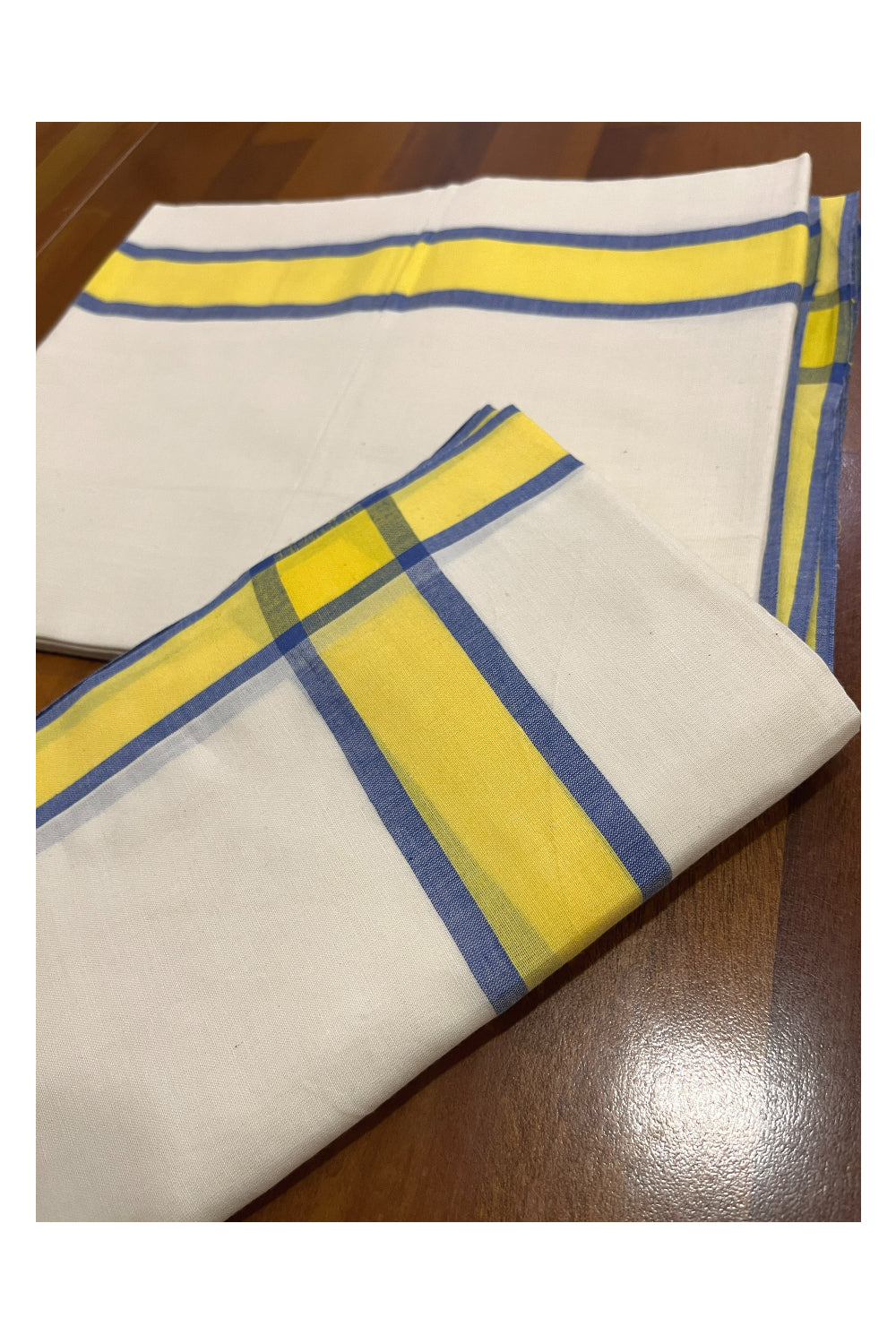 Kerala Cotton Mulloth Single Set Mundu (Mundum Neriyathum) with Yellow and Blue Border (Extra Soft Cotton)