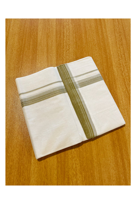 Southloom Premium Handloom Cotton Double Mundu with Olive Green Lines Border