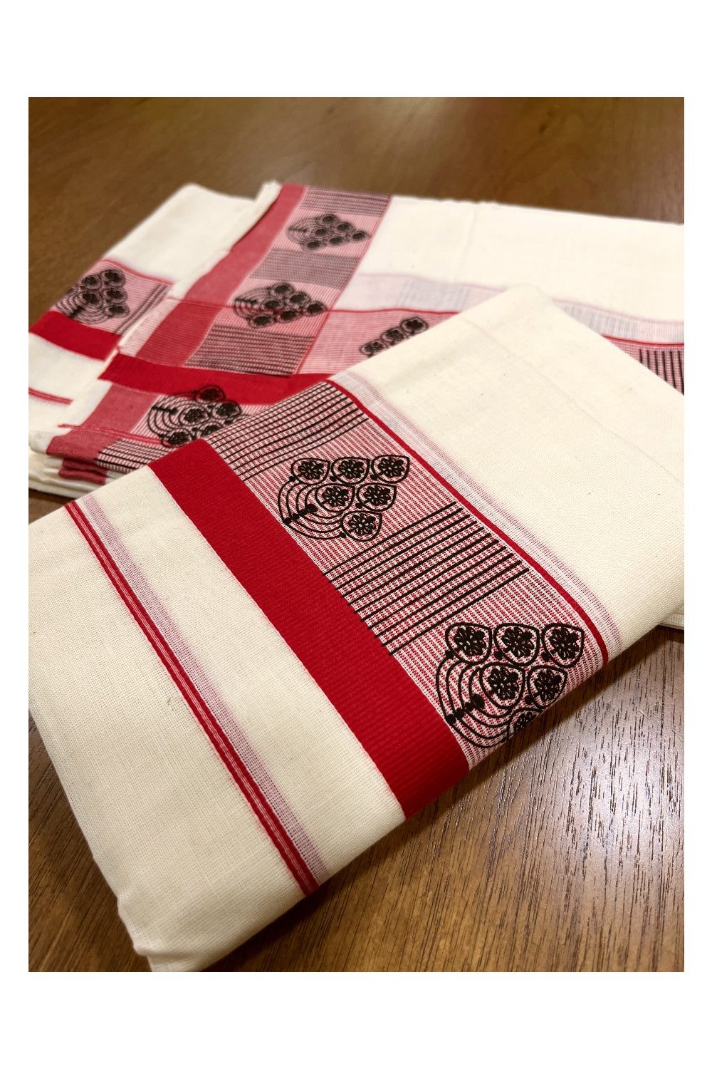 Kerala Cotton Set Mundu (Mundum Neriyathum) with Block Prints on Red Border