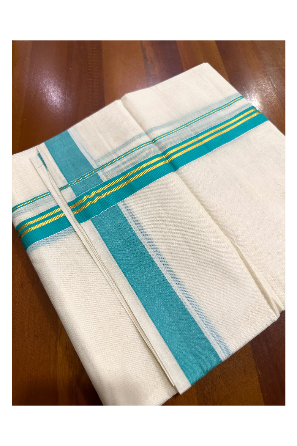 Kerala Cotton Double Mundu with Turquoise and Kasavu Border (Onam Mundu 2023)