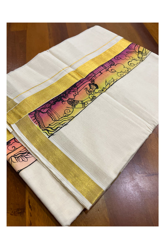 Kerala Pure Cotton Double Mundu with Mural Hand Painted Design on Kasavu Border (South Indian Kerala Dhoti)