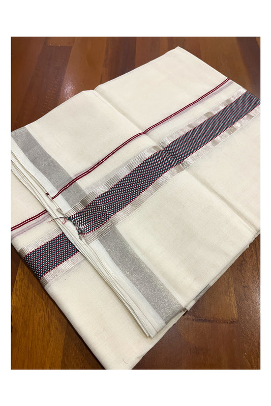 Southloom Premium Handloom Cotton Double Mundu with Silver Kasavu and Green Maroon Woven Border (South Indian Kerala Dhoti)