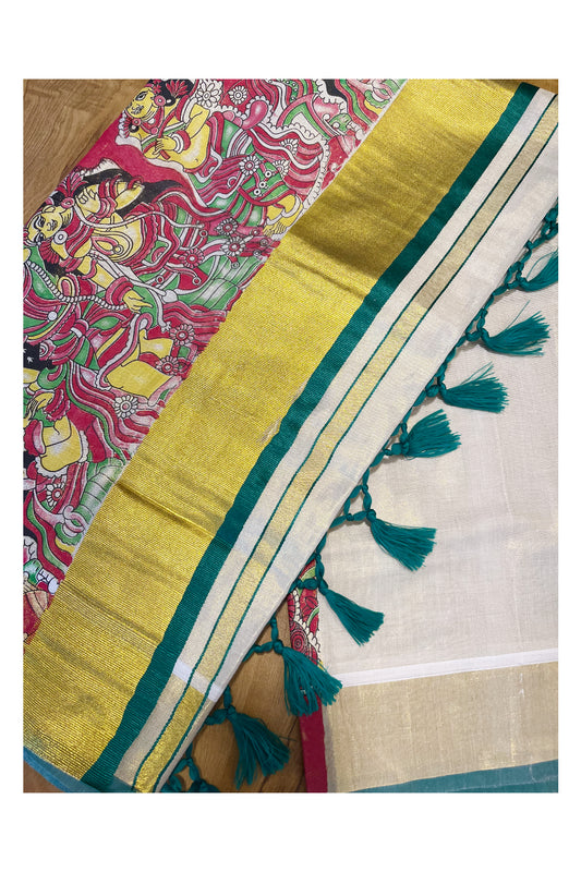 Kerala Tissue Kasavu Saree with Mural Art Printed Design and Green Border