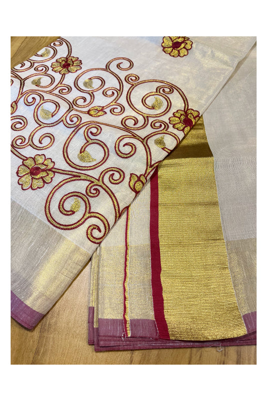 Kerala Tissue Kasavu Saree With Maroon and Golden Floral Embroidery Works