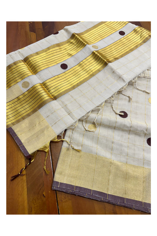 Southloom Premium Handloom Tissue Kasavu Check Saree with Golden and Brown Polka Design