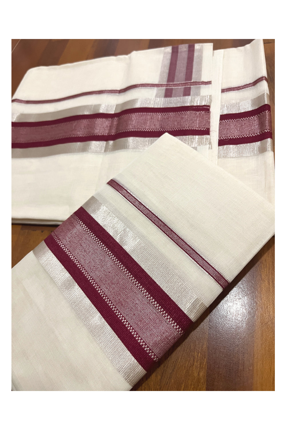 Southloom Premium Handloom Set Mundu with Silver Kasavu and Maroon Border 2.80 Mtrs