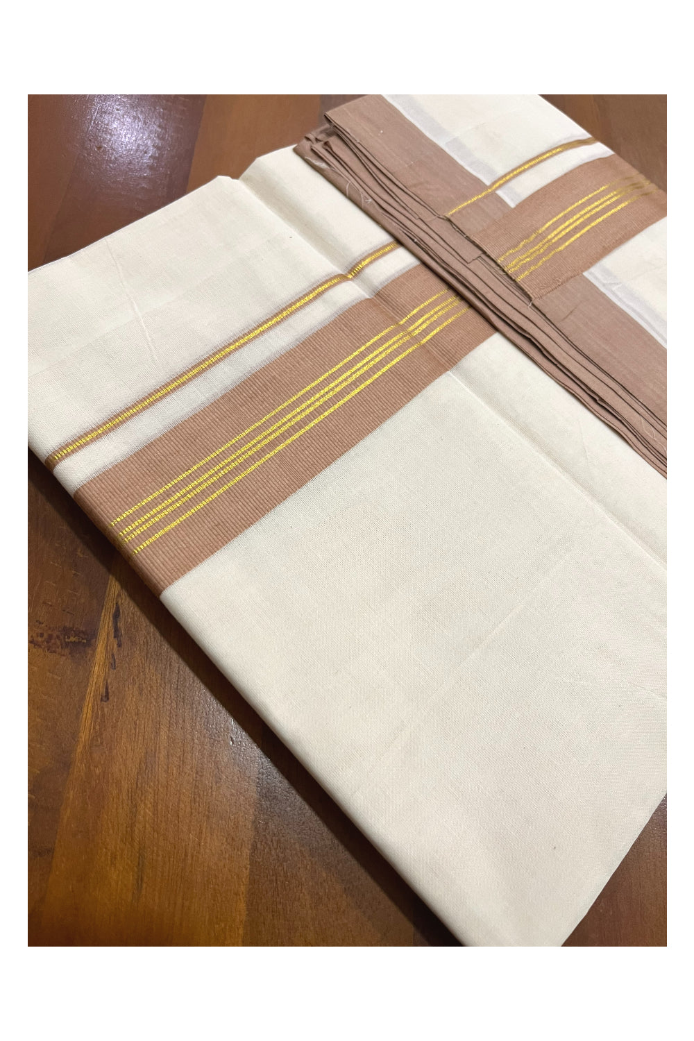 Pure Cotton 100x100 Double Mundu with Kasavu and Brown Kara (Onam Mundu 2023)