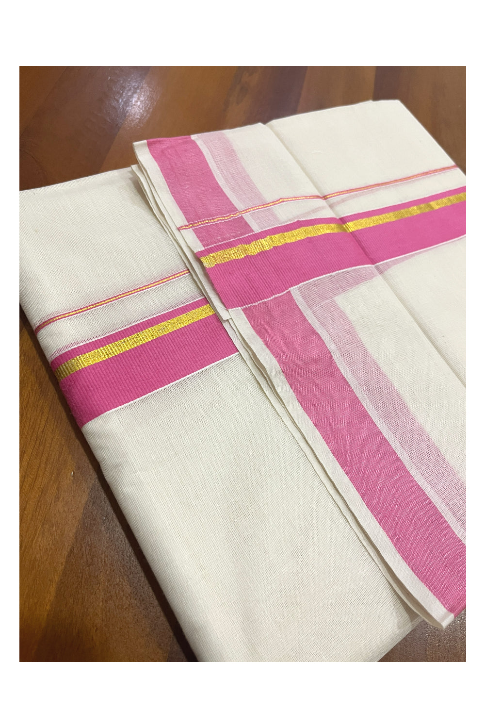 Pure Cotton Kerala Double Mundu with Kasavu and Pink Kara (South Indian Kerala Dhoti)