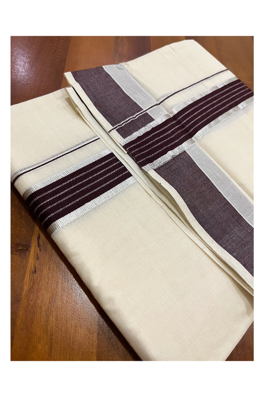 Kerala Cotton Double Mundu with Brown and Silver Kasavu Line Border (Onam Mundu 2023)