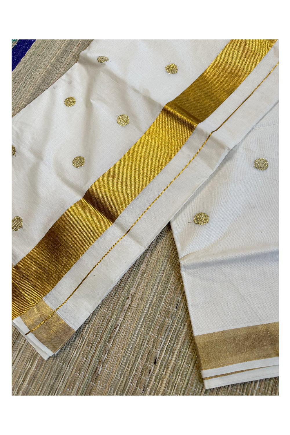 Kerala Pure Cotton Saree with Kasav and Golden Embroidery Polka on Body