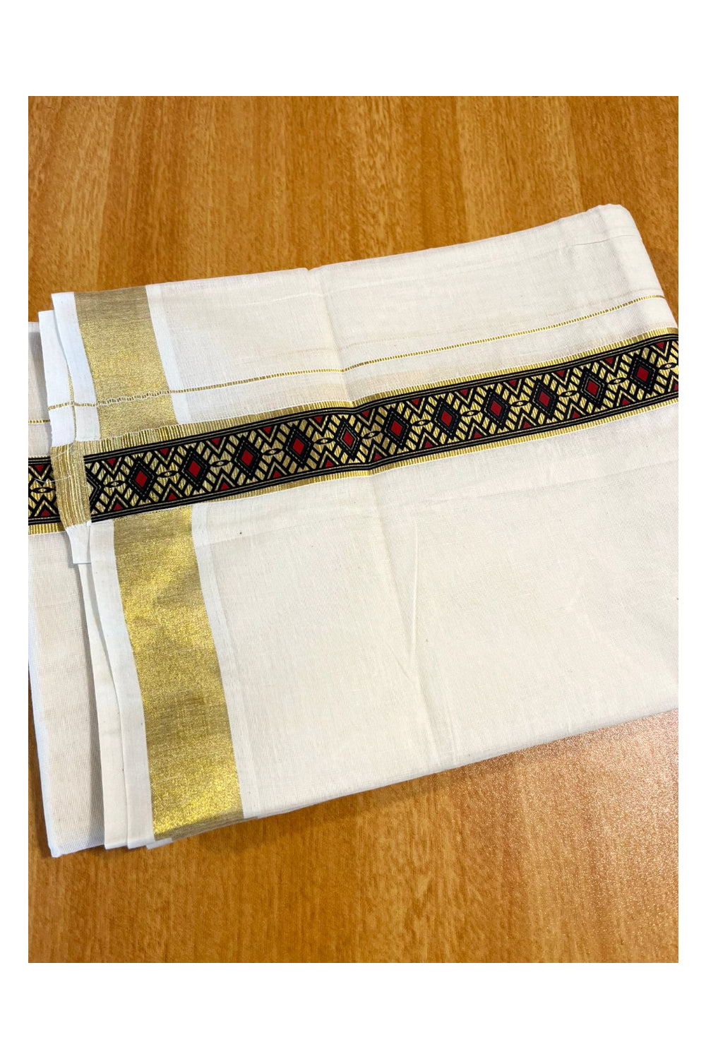 Southloom Kasavu Double Mundu with Prints on Kasavu Kara