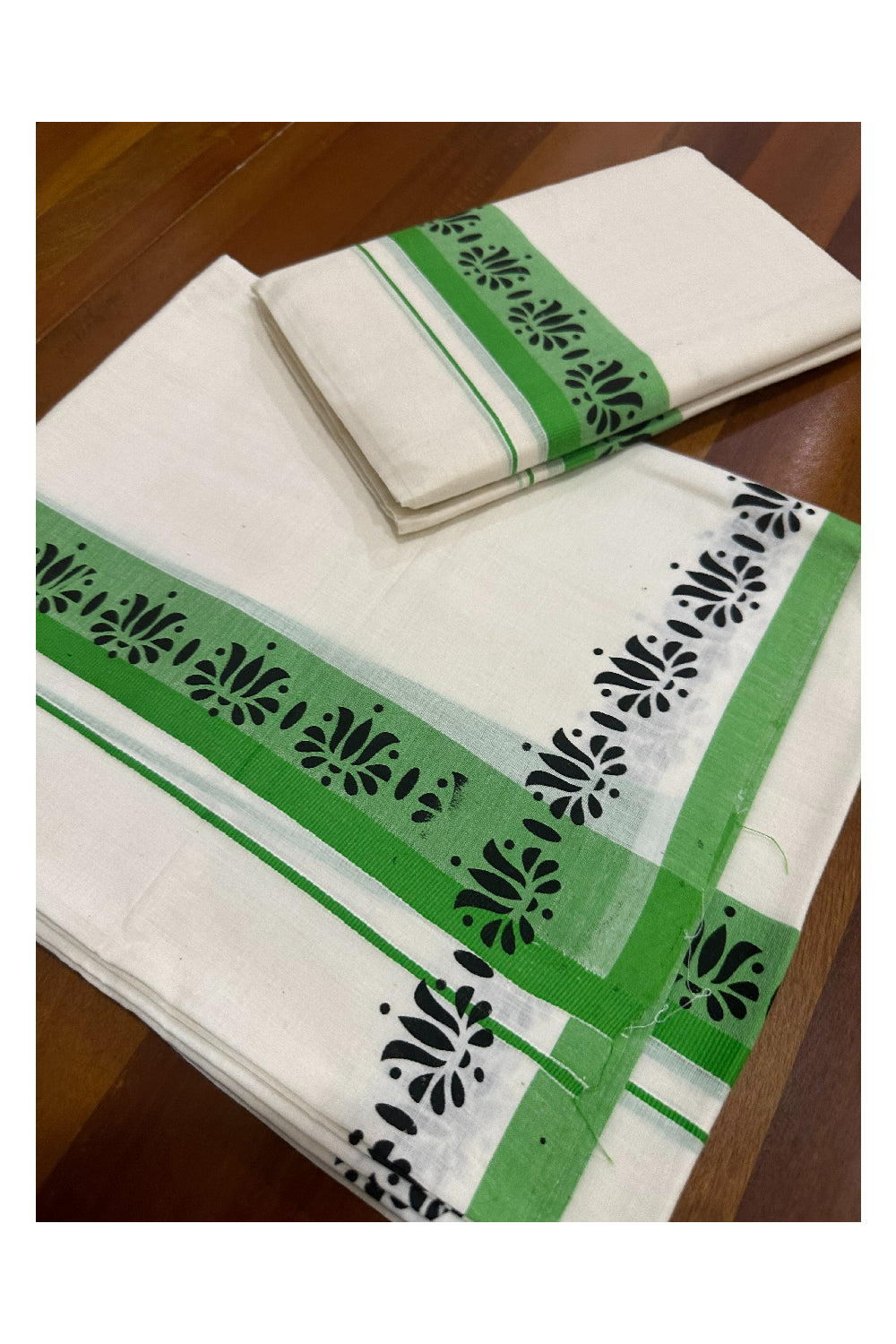 Kerala Cotton Set Mundu (Mundum Neriyathum) with Block Prints on Light Green Border (Onam Set Mundu 2023)