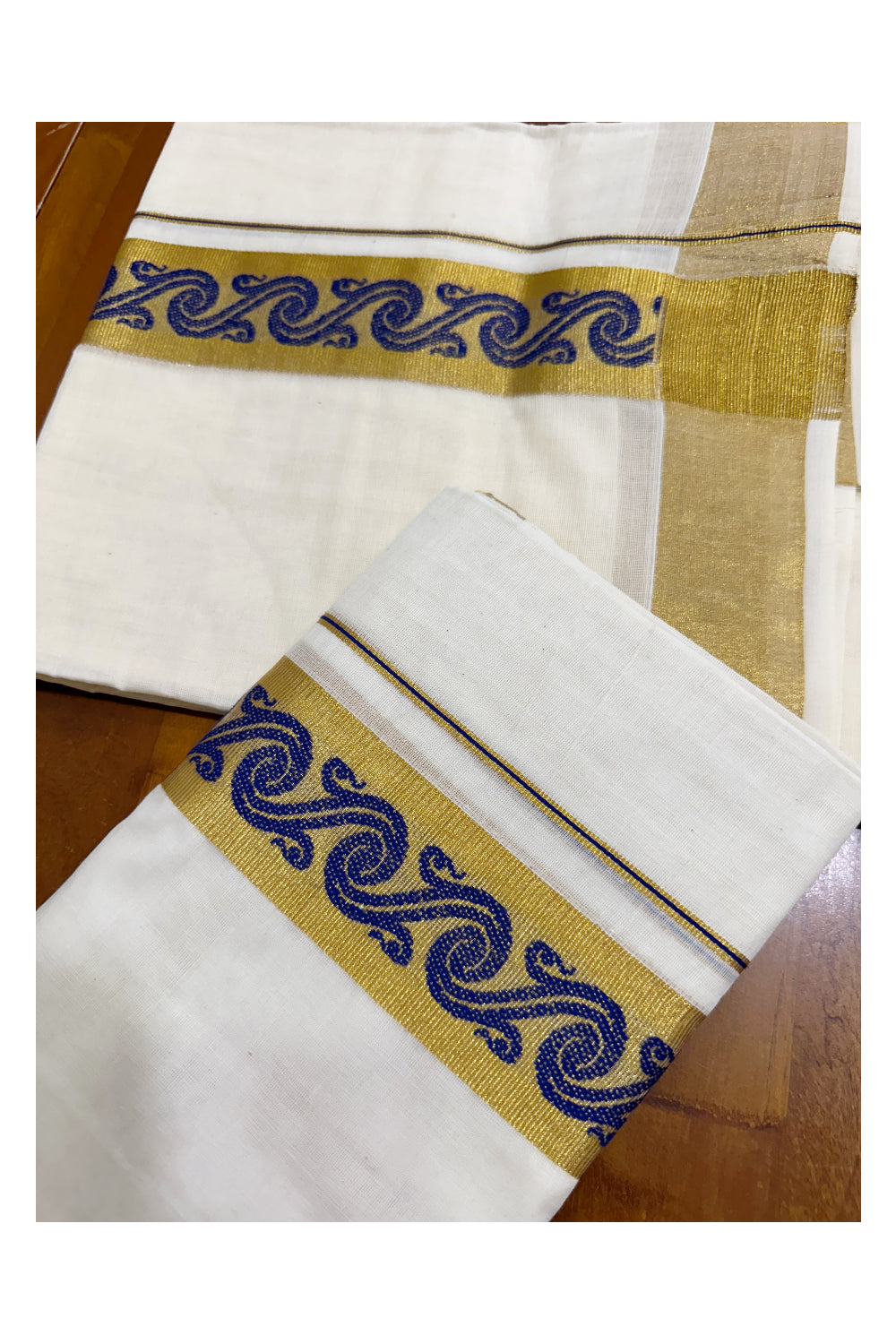 Kerala Pure Cotton Single Set Mundu (Mundum Neriyathum) with Blue Block Prints on Kasavu Border-2.80Mtrs