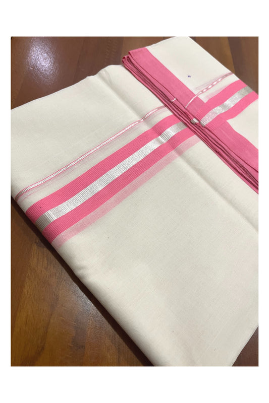 Southloom Premium Balaramapuram Unakkupaavu Handloom Mundu with Pink and Silver Kasavu Border (South Indian Kerala Dhoti)