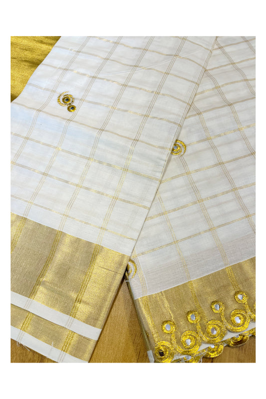 Kerala Cotton Kasavu Checked Saree with Embroidery Work On Body