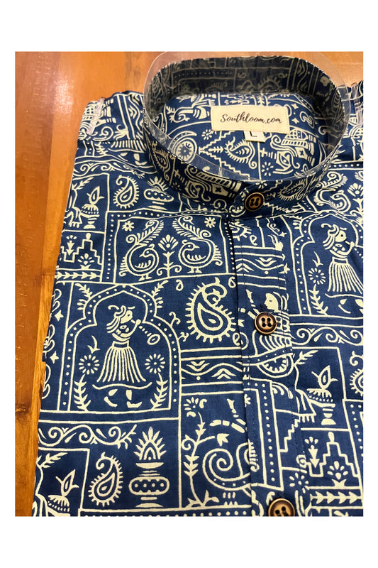Southloom Jaipur Cotton Blue Hand Block Printed Mandarin Collar Shirt (Full Sleeves)