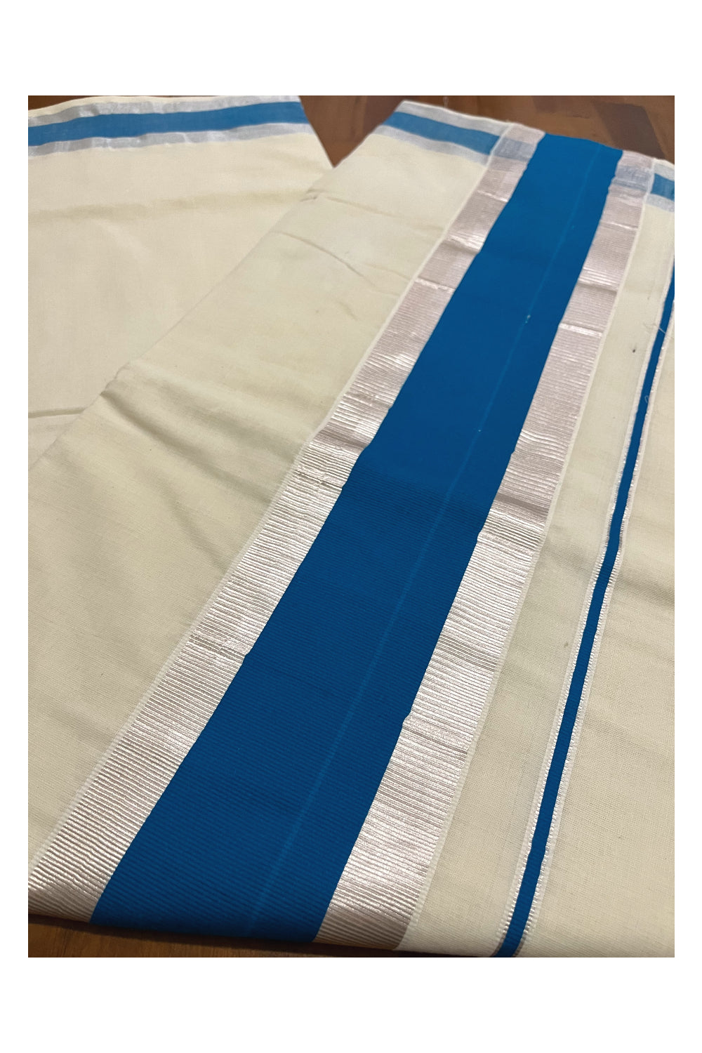 Pure Cotton Kerala Saree with Blue and Silver Kasavu Border