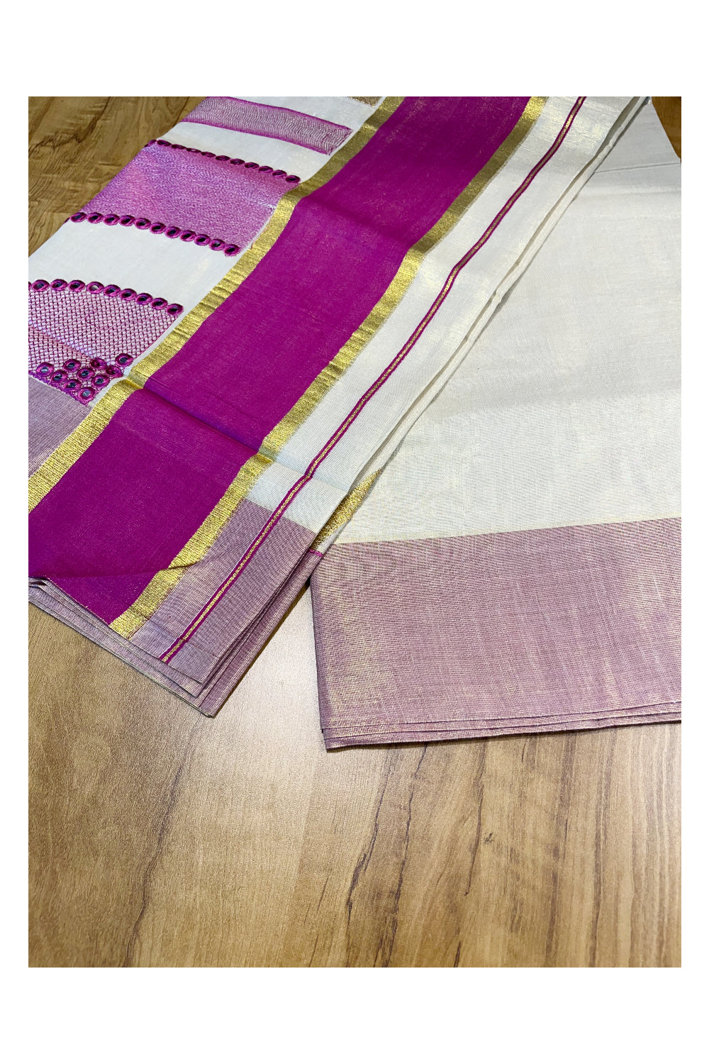 Southloom Kerala Tissue Kasavu Saree with Pink Mirror Work