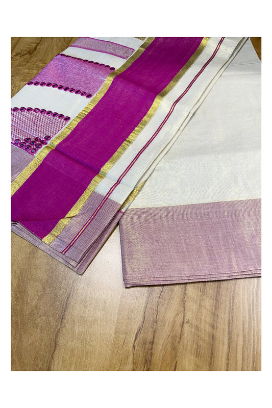 Southloom Kerala Tissue Kasavu Saree with Pink Mirror Work