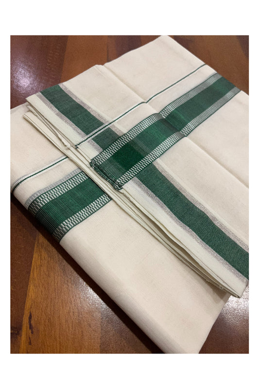 Southloom Premium Handloom Cotton Double Mundu with Silver and Green Kasavu Design Border (Onam Mundu 2023)