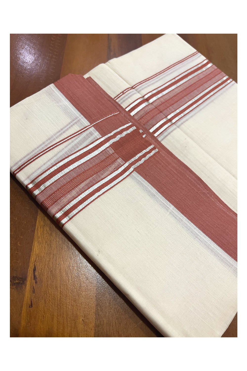 Pure Cotton 100x100 Double Mundu with Silver Kasavu and Brick Red Kara (Onam Mundu 2023)