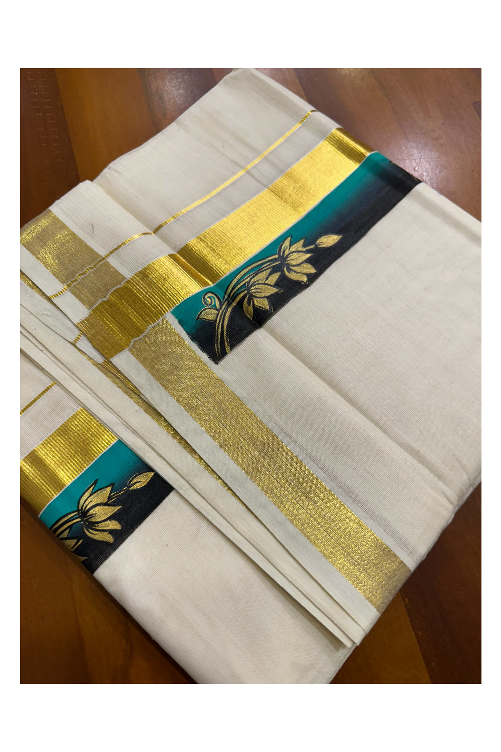 Kerala Pure Cotton Double Mundu with Hand Painted Designs on Kasavu Border(South Indian Kerala Dhoti)