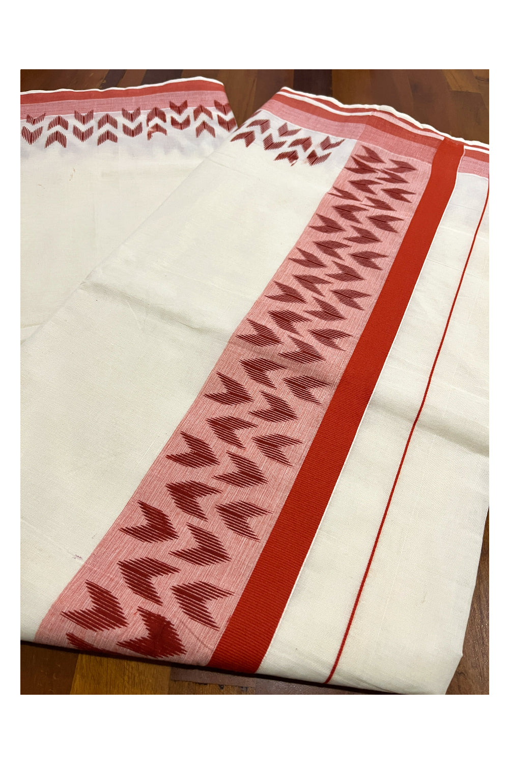 Pure Cotton Kerala Saree with Orange Block Printed Border