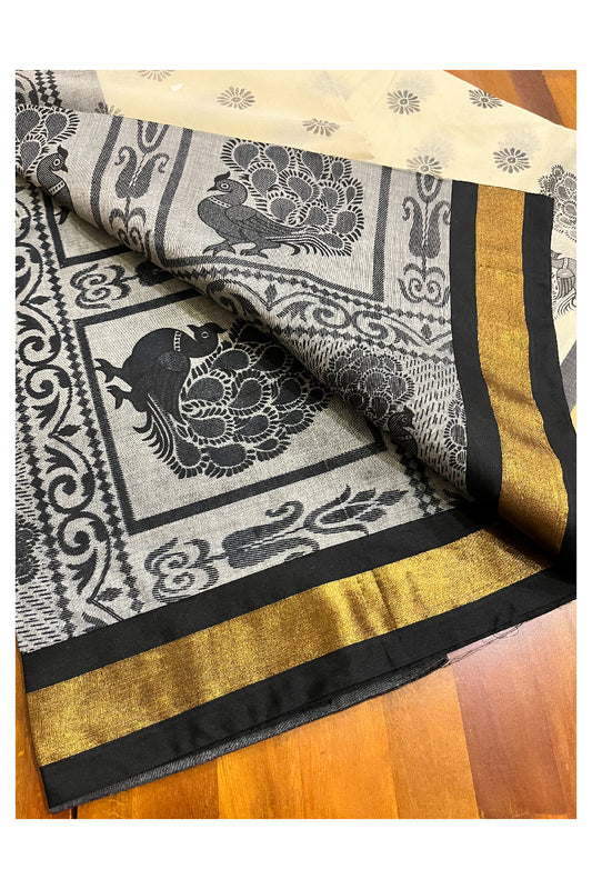 Pure Cotton Kerala Saree with Black Heavy Woven Designs and Kasavu Border (Vishu 2024 Collection)