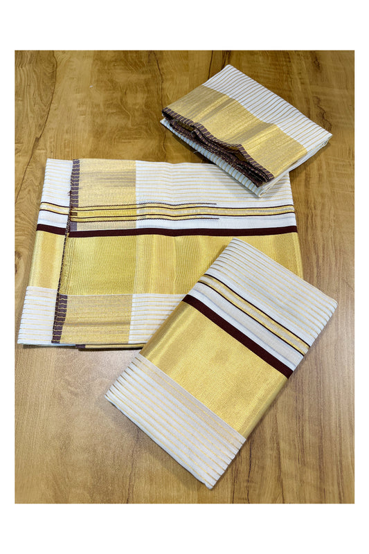 Southloom Premium Handloom Set Mundu with Brown Border and Kasavu Lines Across Body 2.80 Mtrs (with Matching Blouse Piece)