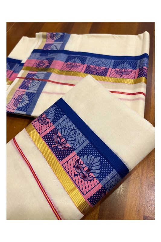 Kerala Cotton Kasavu Single Set Mundu (Mundum Neriyathum) with Pink and Blue Kara and Block Prints