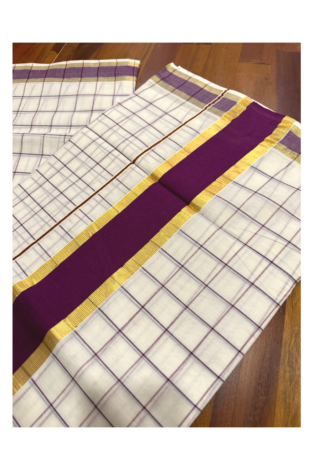 Kerala Woven Check Design Saree with Kasavu and Purple Border (Onam Saree 2023)