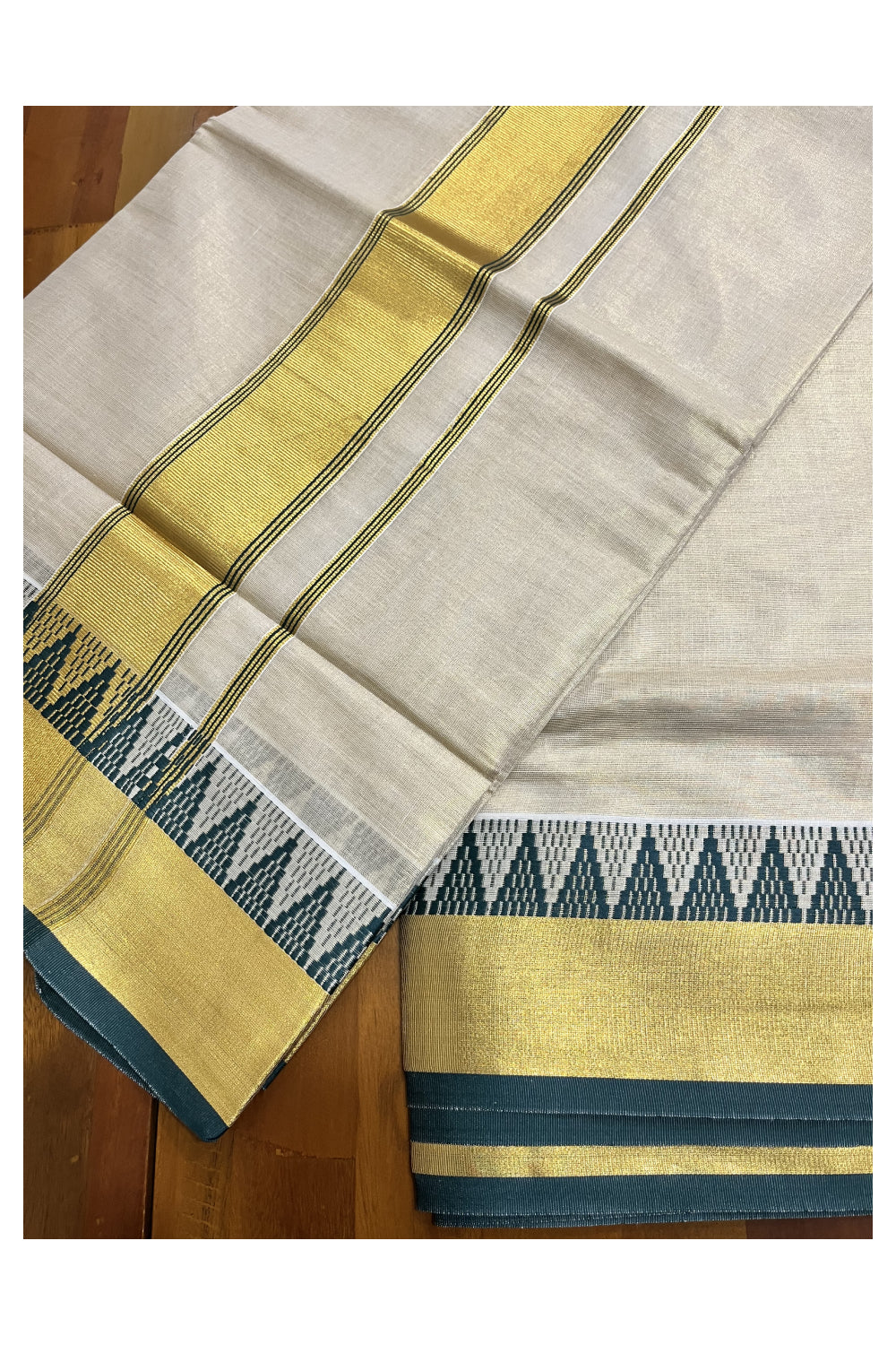 Kerala Tissue Saree with Kasavu and Dark Green Temple Woven Designs on Border (Vishu 2024 Collection)