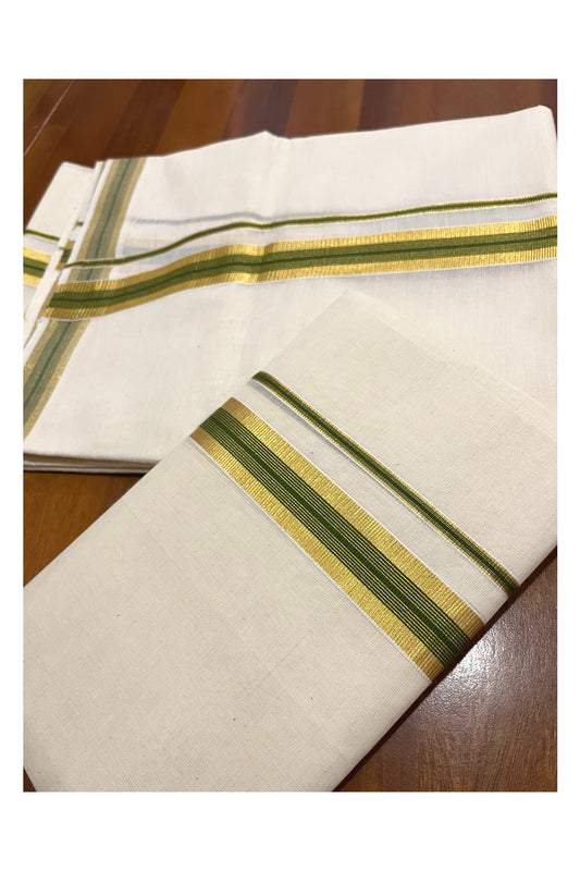 Pure Cotton Kerala Single Set Mundu (Mundum Neriyathum) with Olive Green and Kasavu Border 2.80 Mtrs