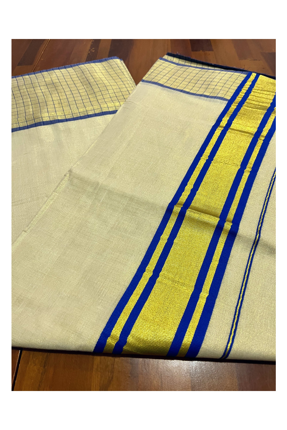 Kerala Tissue Kasavu Saree with Blue Check Design Border