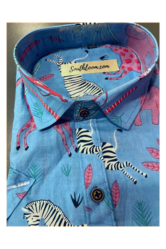 Southloom Jaipur Cotton Blue Hand Block Animal Printed Shirt (Half Sleeves)