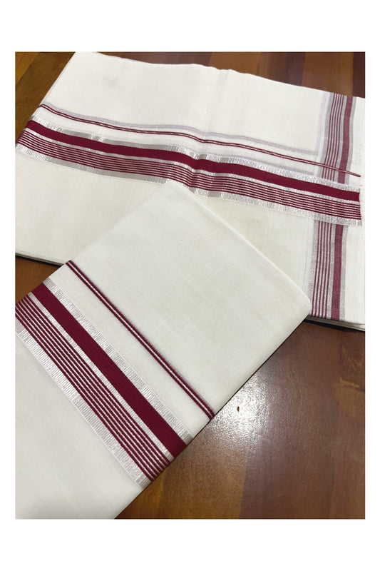 Pure Cotton Handloom Premium Kasavu Set Mundu (Mundum Neriyathum) with Maroon and Silver Kasavu Border