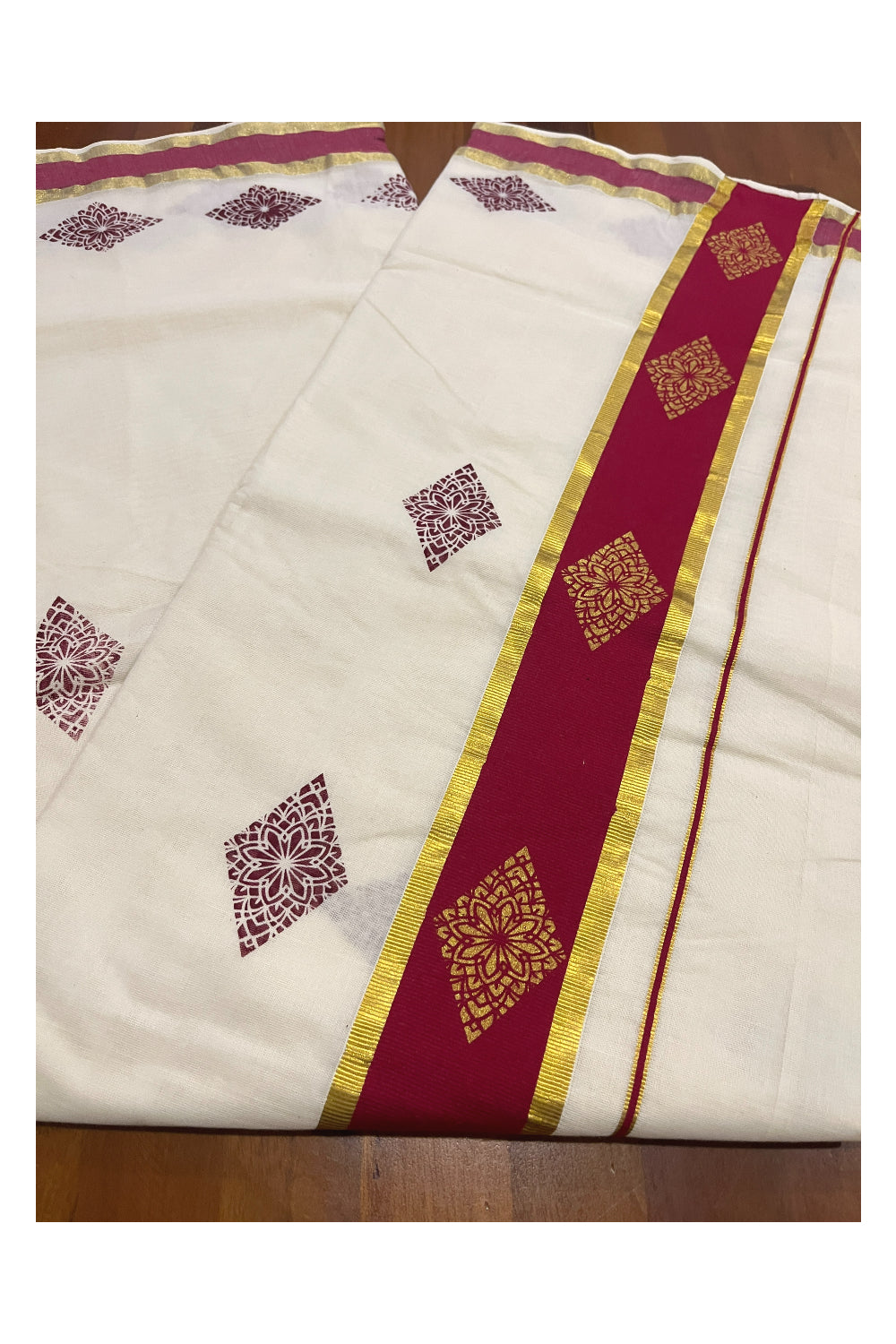 Pure Cotton Kerala Saree with Maroon Block Prints and Kasavu Border