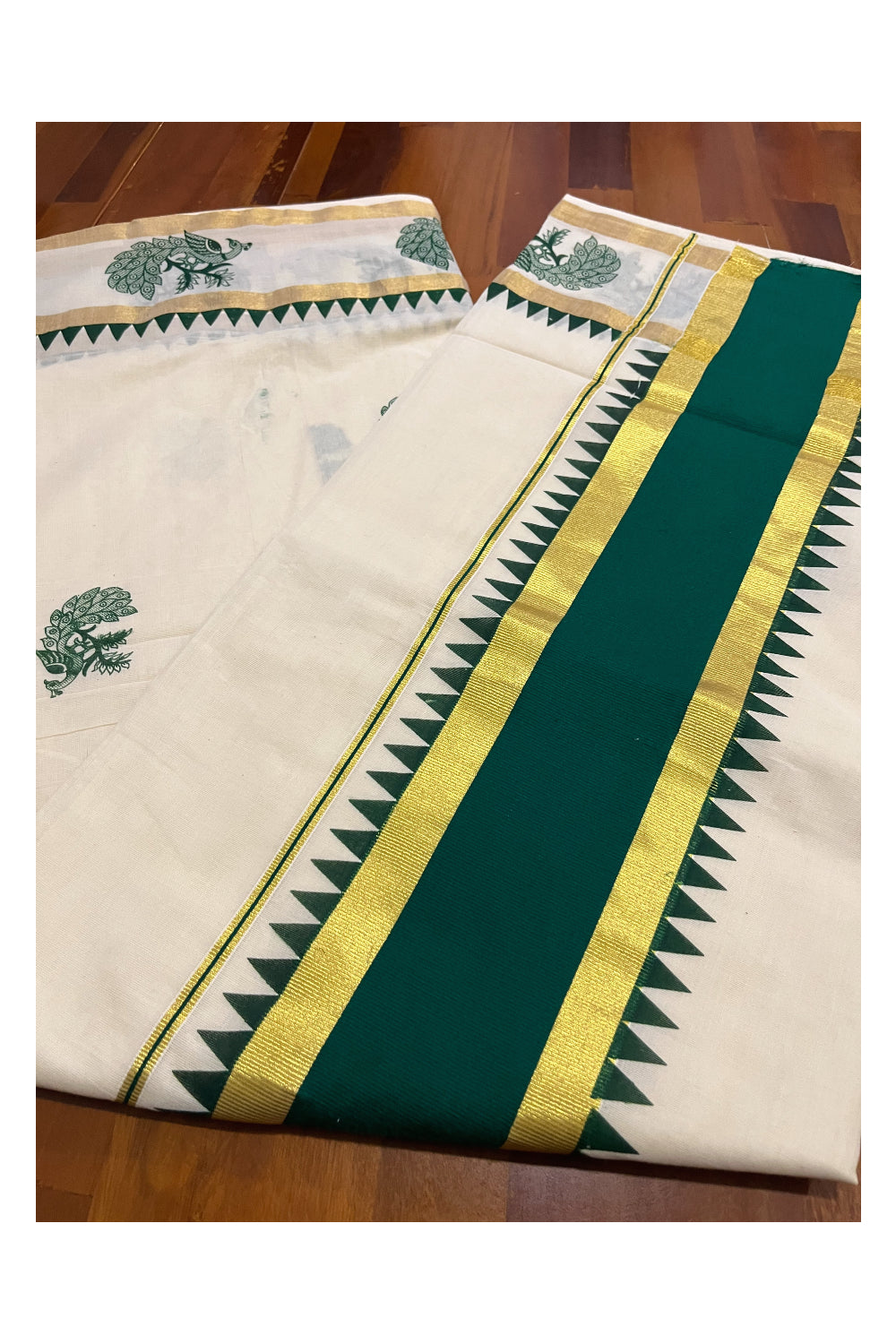 Pure Cotton Kerala Saree with Green Peacock Temple Block Printed Kasavu Border