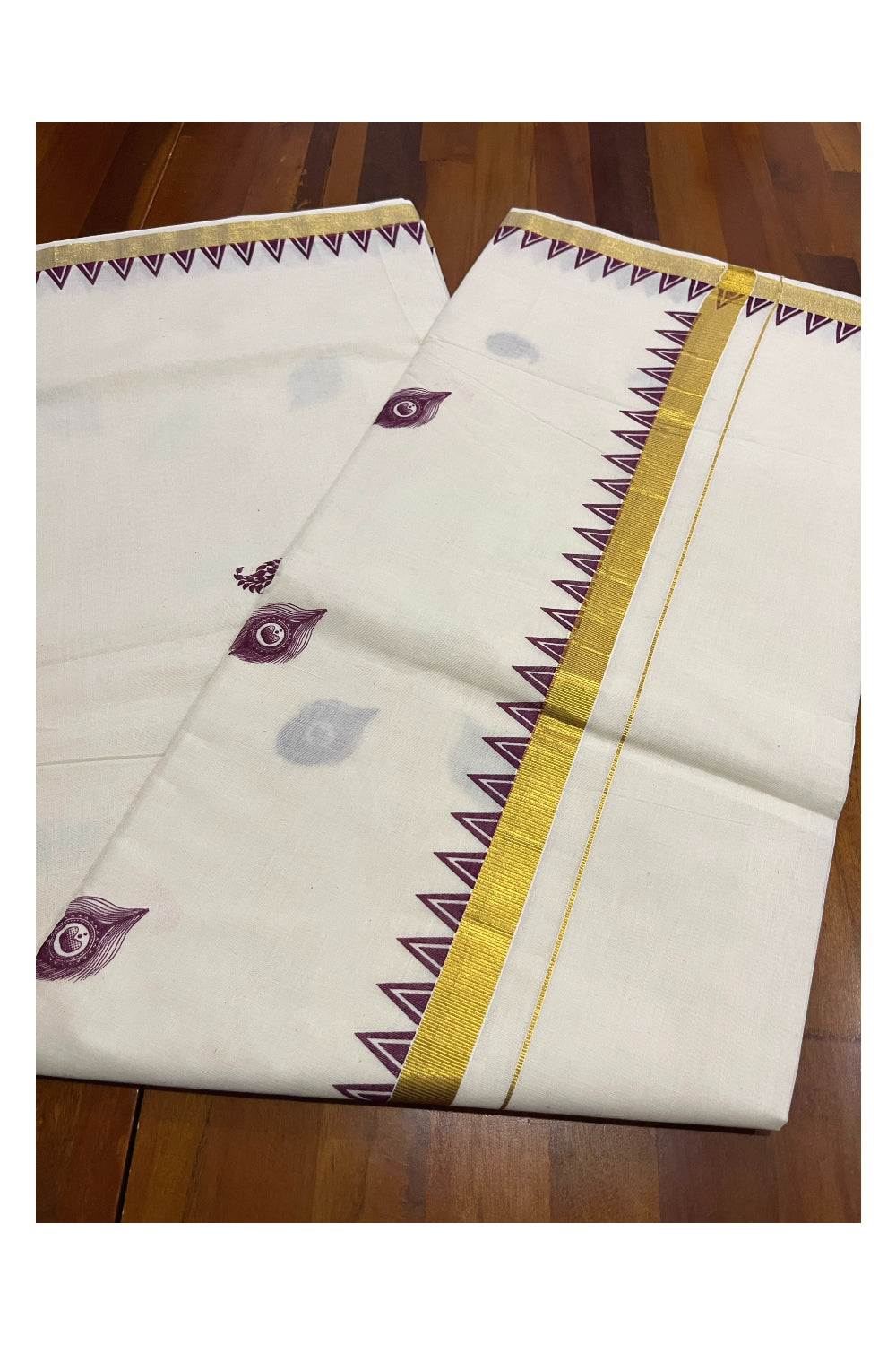 Pure Cotton Kerala Kasavu Saree with Purple Temple Block Printed Border