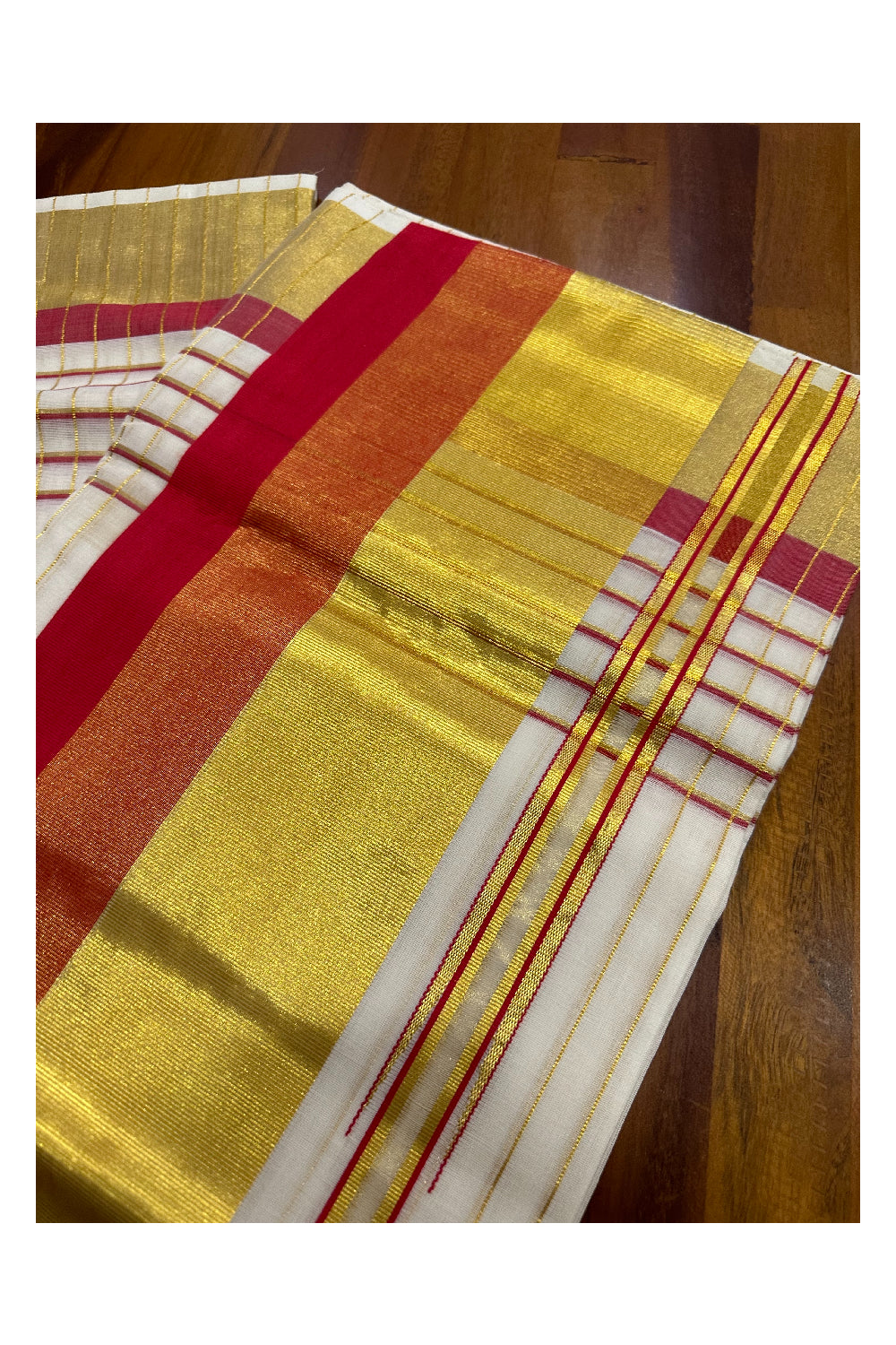 Southloom Premium Handloom Cotton Kerala Saree with Kasavu Lines Across Body and Bight Red Border (Onam Saree 2023)