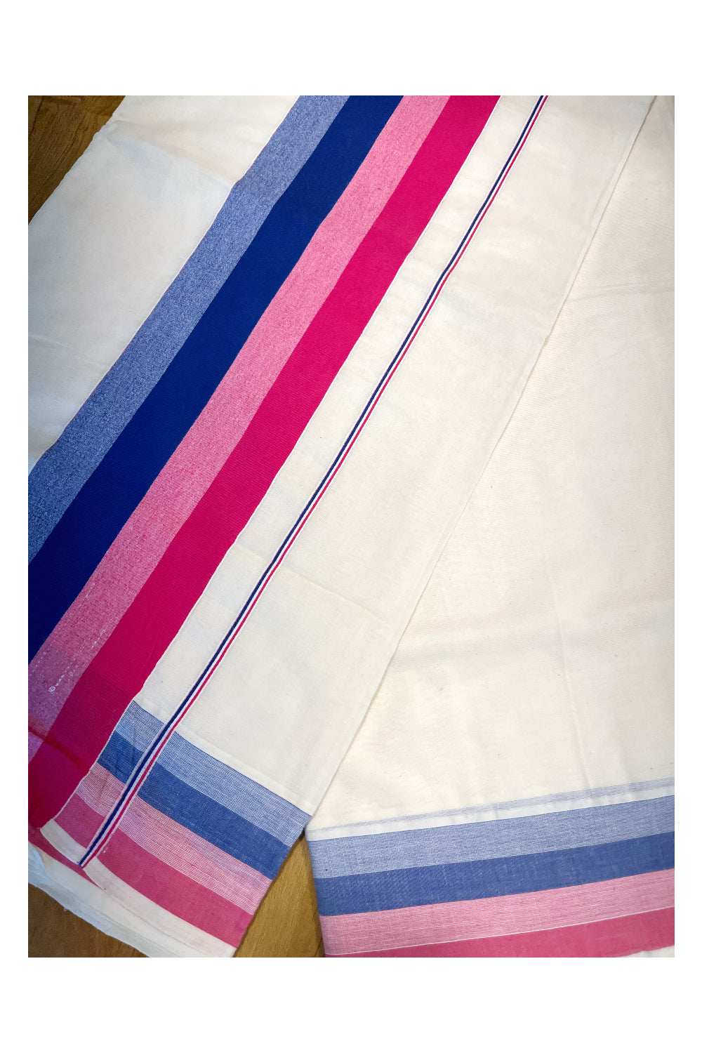 Pure Cotton Off White Kerala Saree with Dark Blue Pink Shaded Border