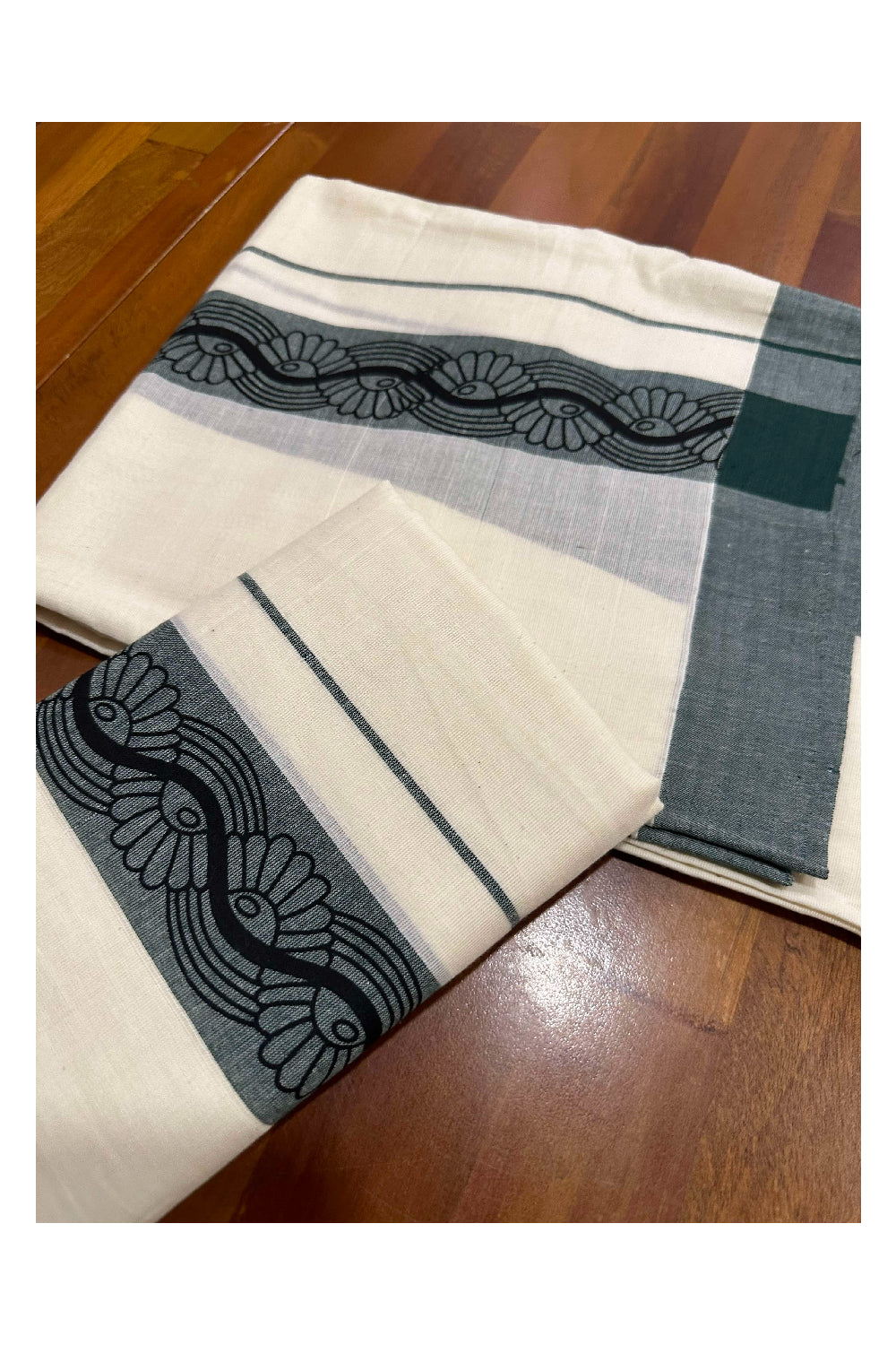 Kerala Cotton Single Set Mundu (Mundum Neriyathum) with Block Prints on Dark Green Border (Onam set Mundu 2023)