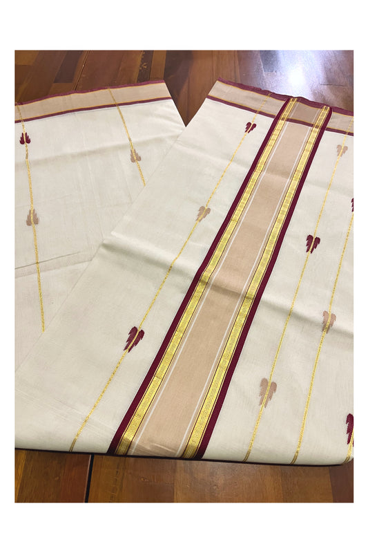Southloom Premium Balaramapuram Unakkupaavu Handloom Cotton Butta Saree with Maroon Beige and Kasavu Border