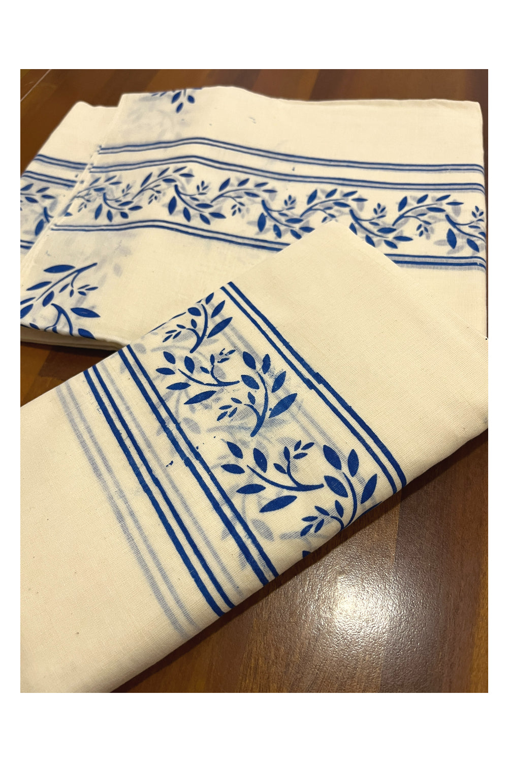 Pure Cotton Kerala Single Set Mundu (Mundum Neriyathum) with Blue Block Prints on Border